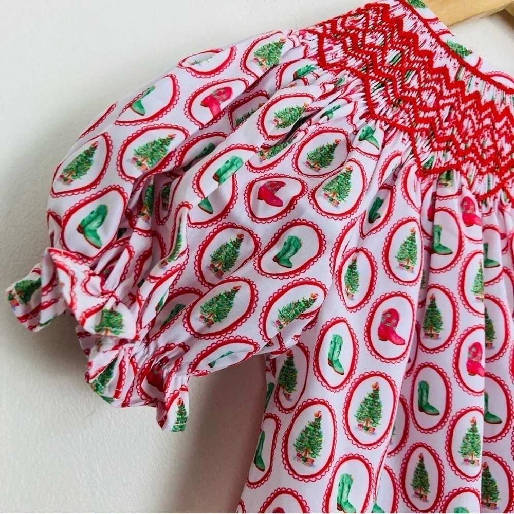Ann + Reeves Christmas cowboy red white and green smocked top. Size 3T